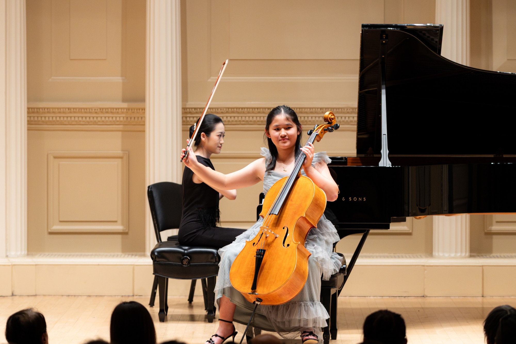 A young OMI cellist performs with a pianist at Weill Recital Hall, Carnegie Hall